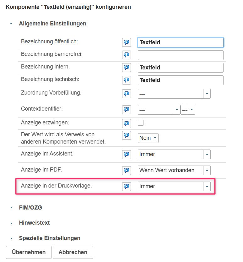 Einstellung in den Komponenten
