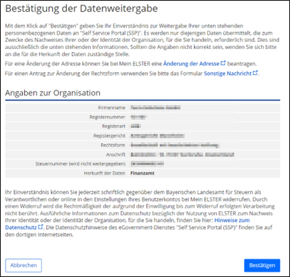 Dialog Bestätigung der Datenweitergabe