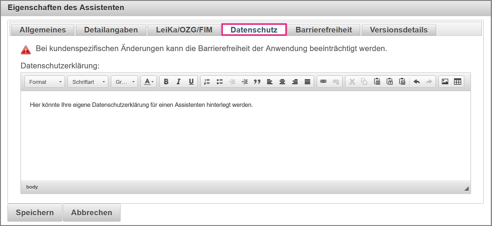 Ansicht der Assistenteneigenschaften in der die Datenschutzerklärung gepflegt werden kann