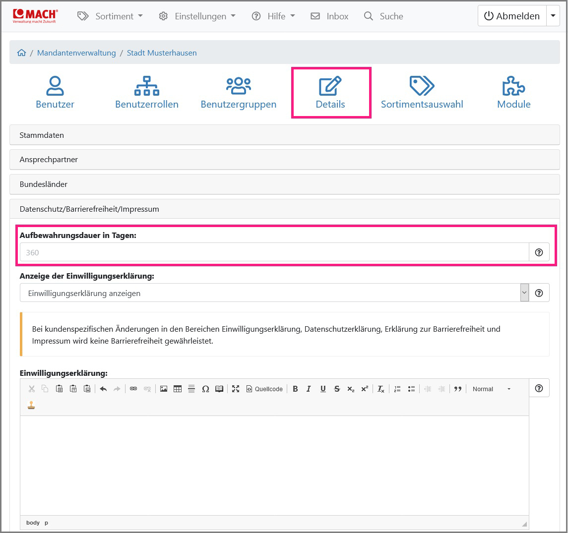 Ansicht der Konfiguration der Aufbewahrungsdauer