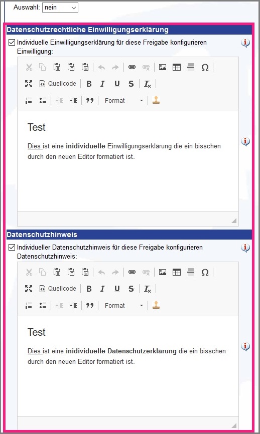Neuer Editor für die Hinterlegung von individuellen Texten in der Veröffentlichung