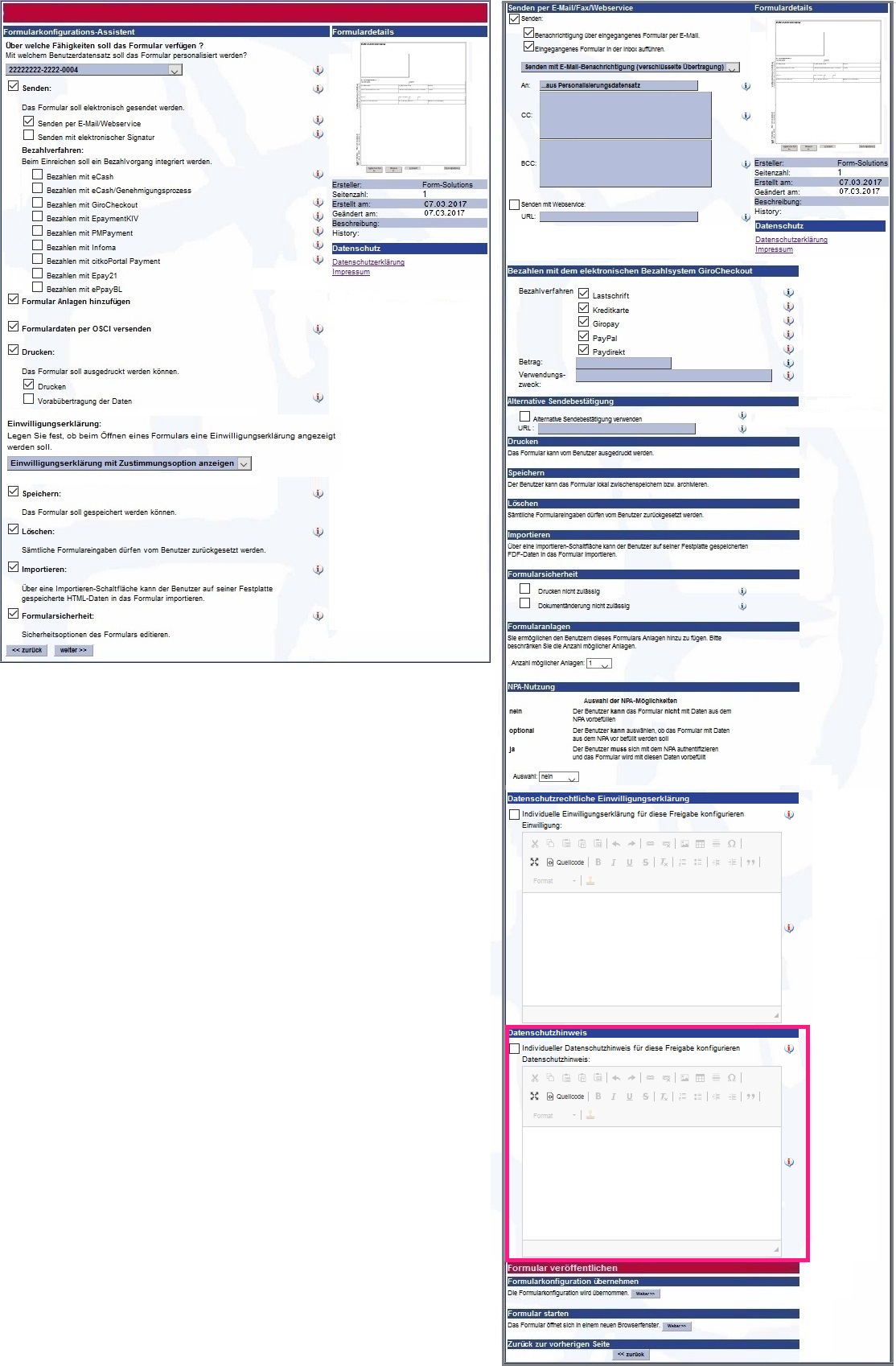 Ansicht in der die Datenschutzerklärung in der Veröffentlichung hinterlegt werden kann