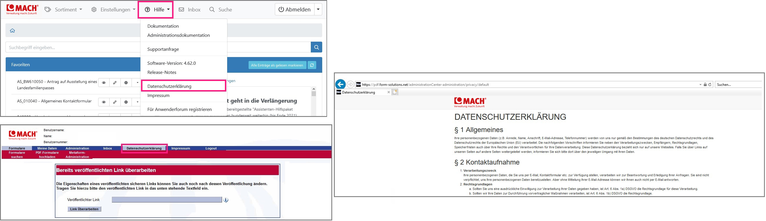Verlinkung Datenschutzhinweis im Kundenbereich