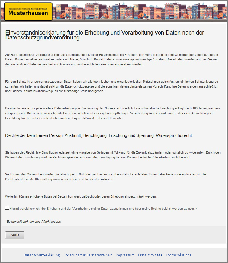 Ansicht der Standardeinwilligungserklärung