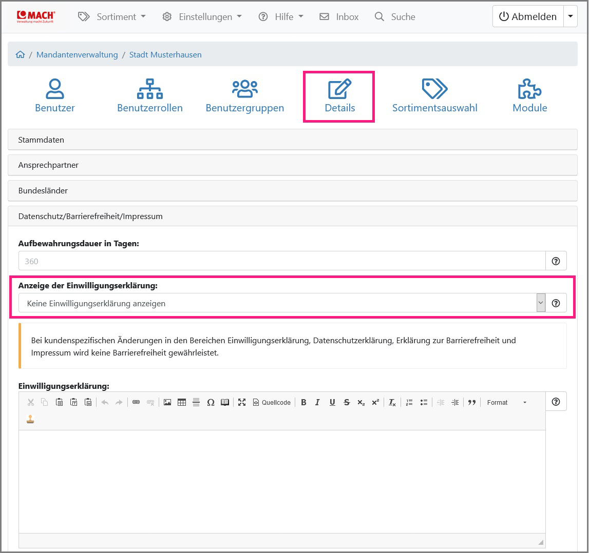 Ansicht der Einstellung einer individuellen Einwilligungserklärung auf Mandantenebene