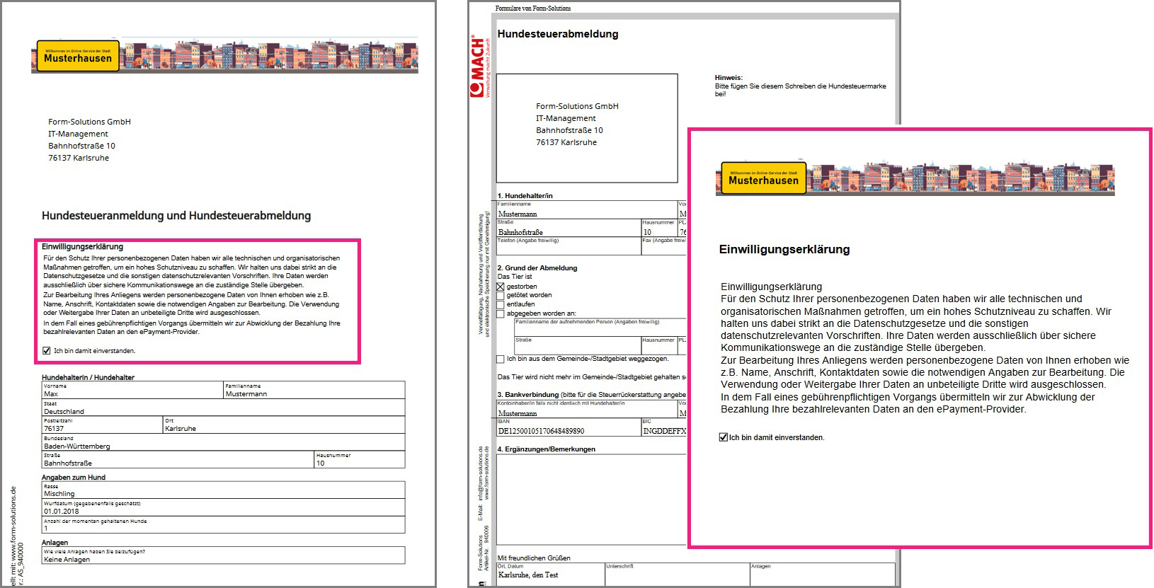 Ansicht abgedruckte Einwilligungserklärung mit Zustimmungsoption