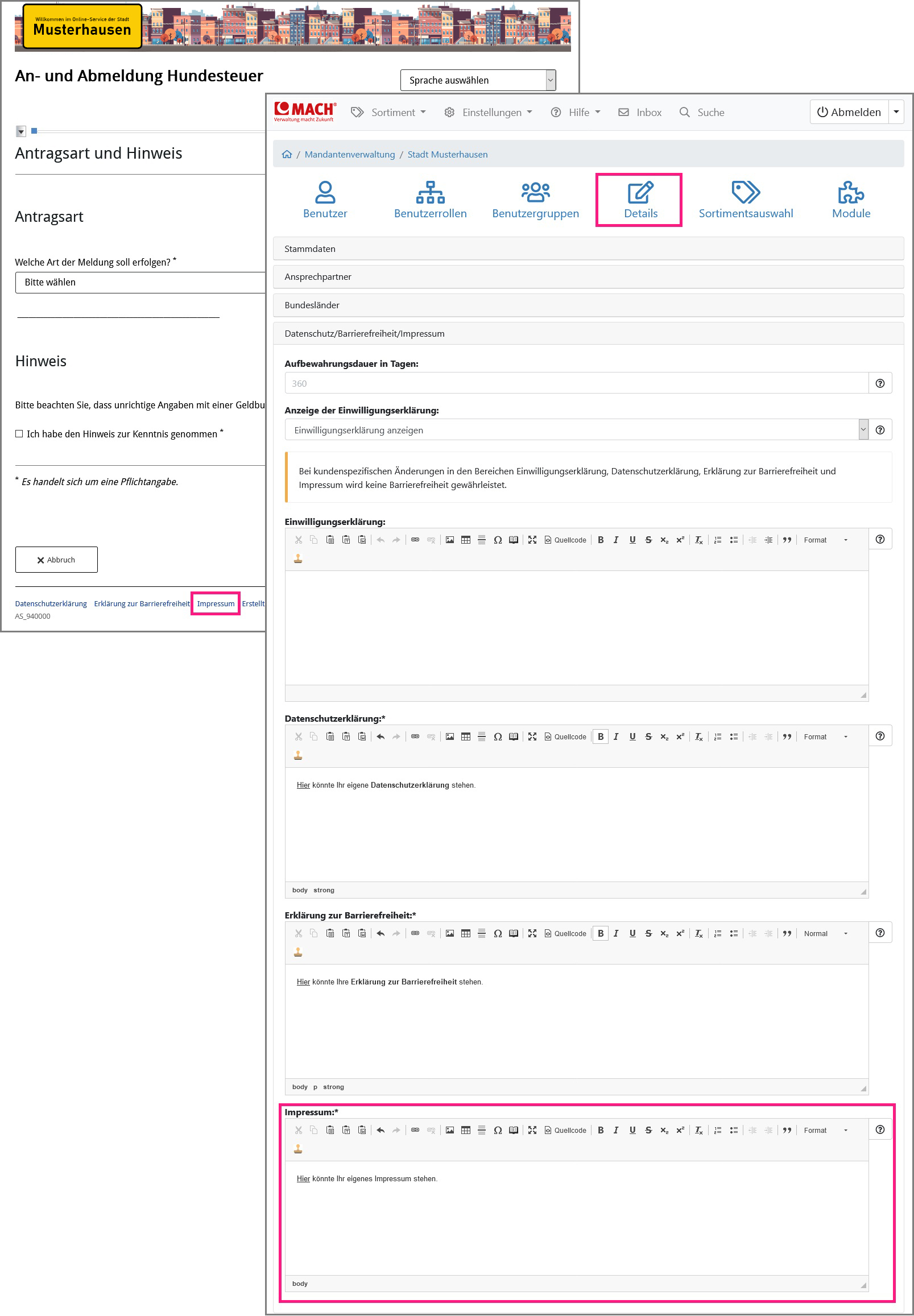 Ansicht der Konfiguration eines Impressums in den Mandantendetails
