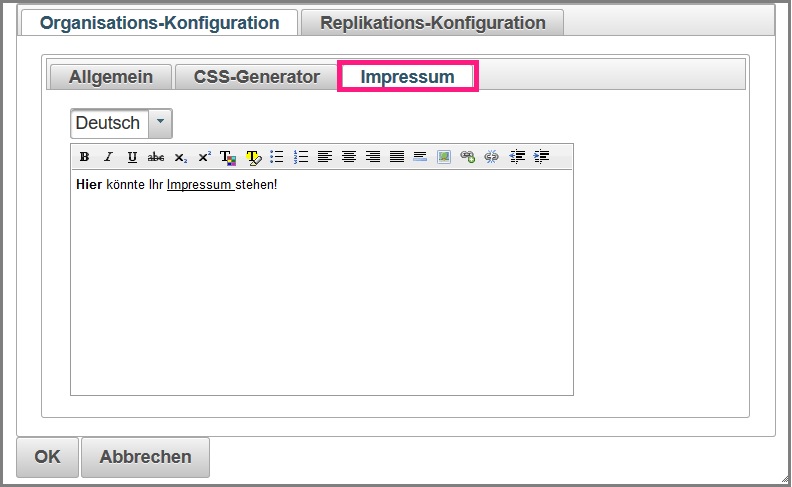 Ansicht der Konfiguration eines Impressums