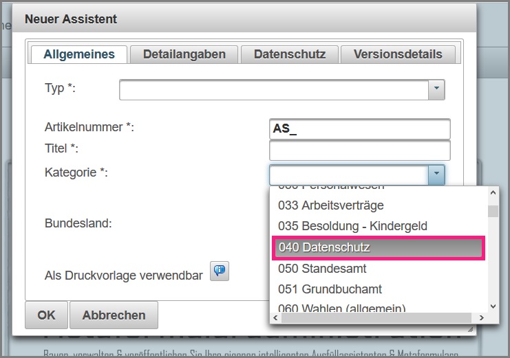 neue zur Verfügung stehende Kategorie 040 Datenschutz
