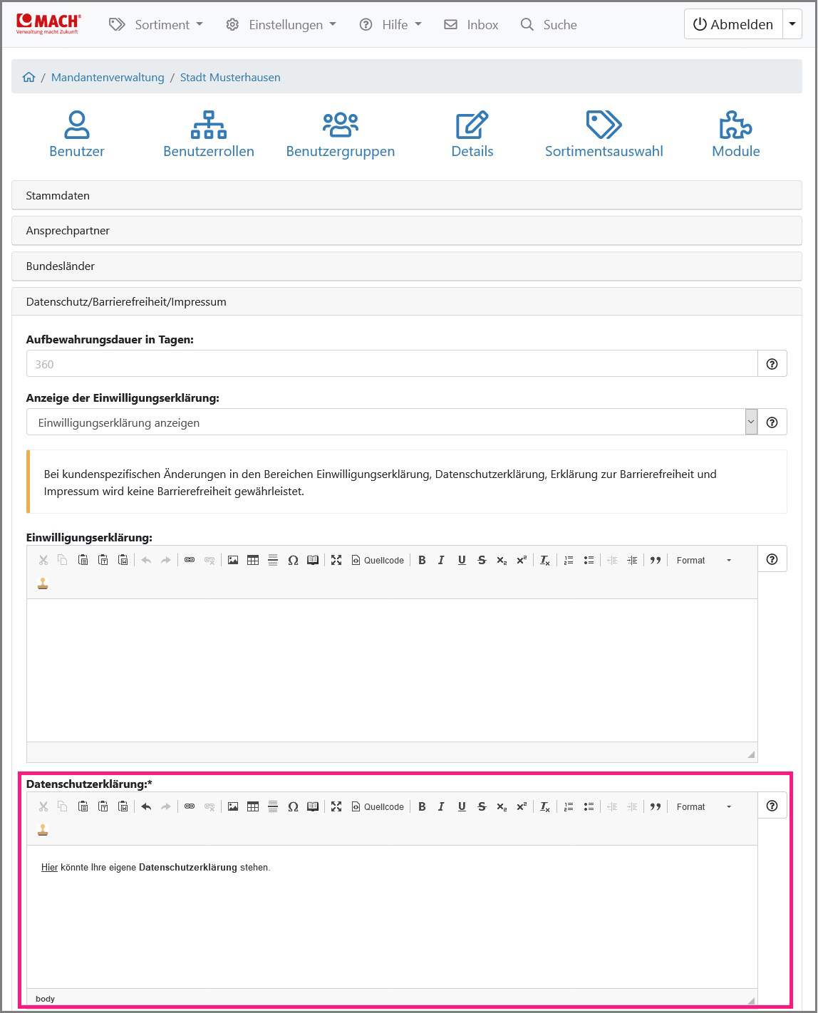 Ansicht der Mandantendetails in der eine Datenschutzerklärung hinterlegt werden kann