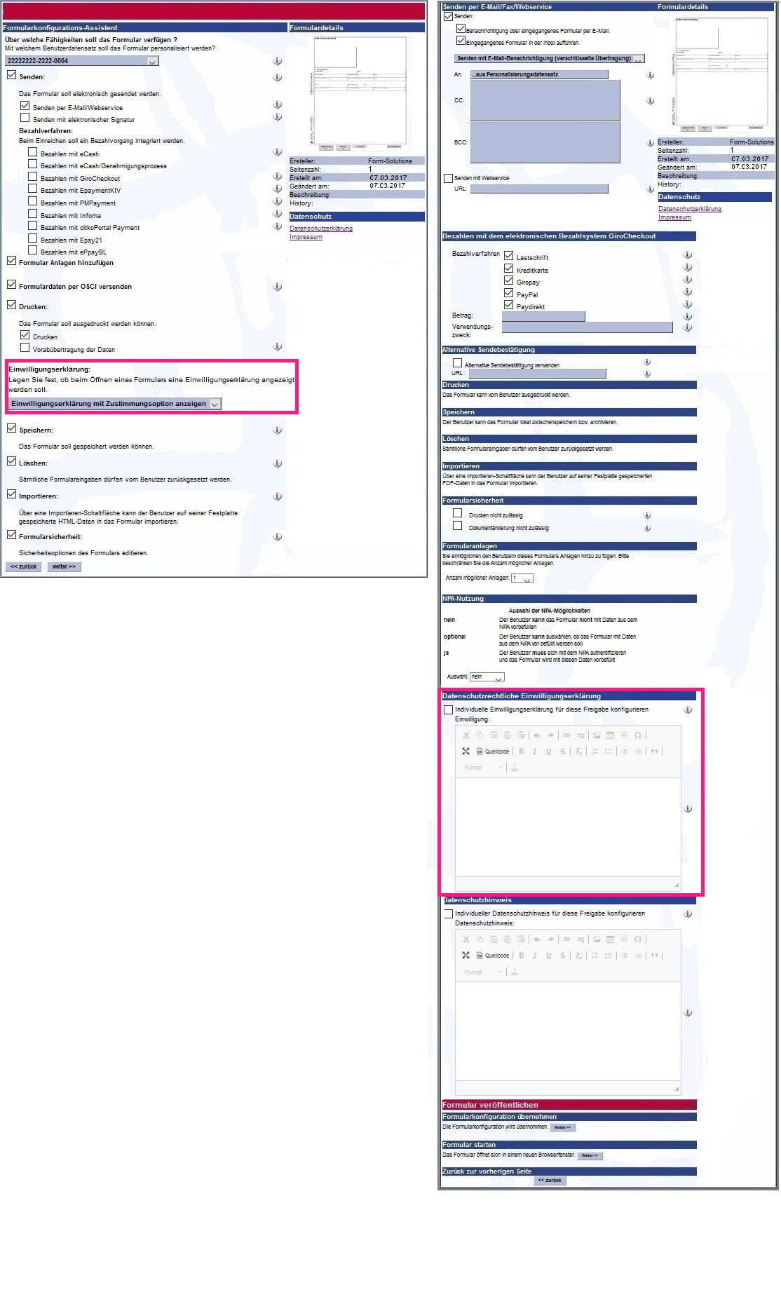 Konfiguration der Einwilligungserklärung am Assistenten