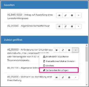 Rubrik „Favoriten“ auf der Startseite