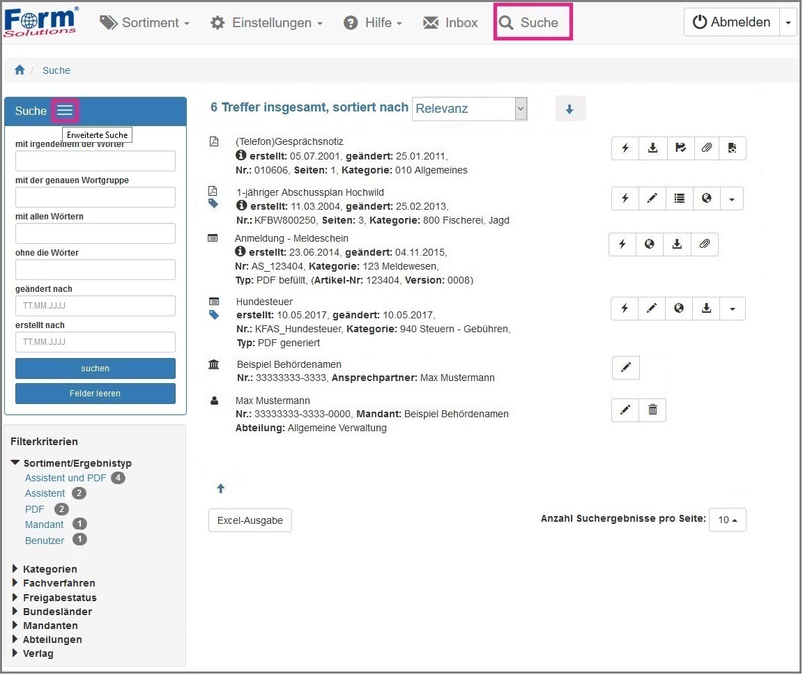 Ansicht der Detaillierten Suche
