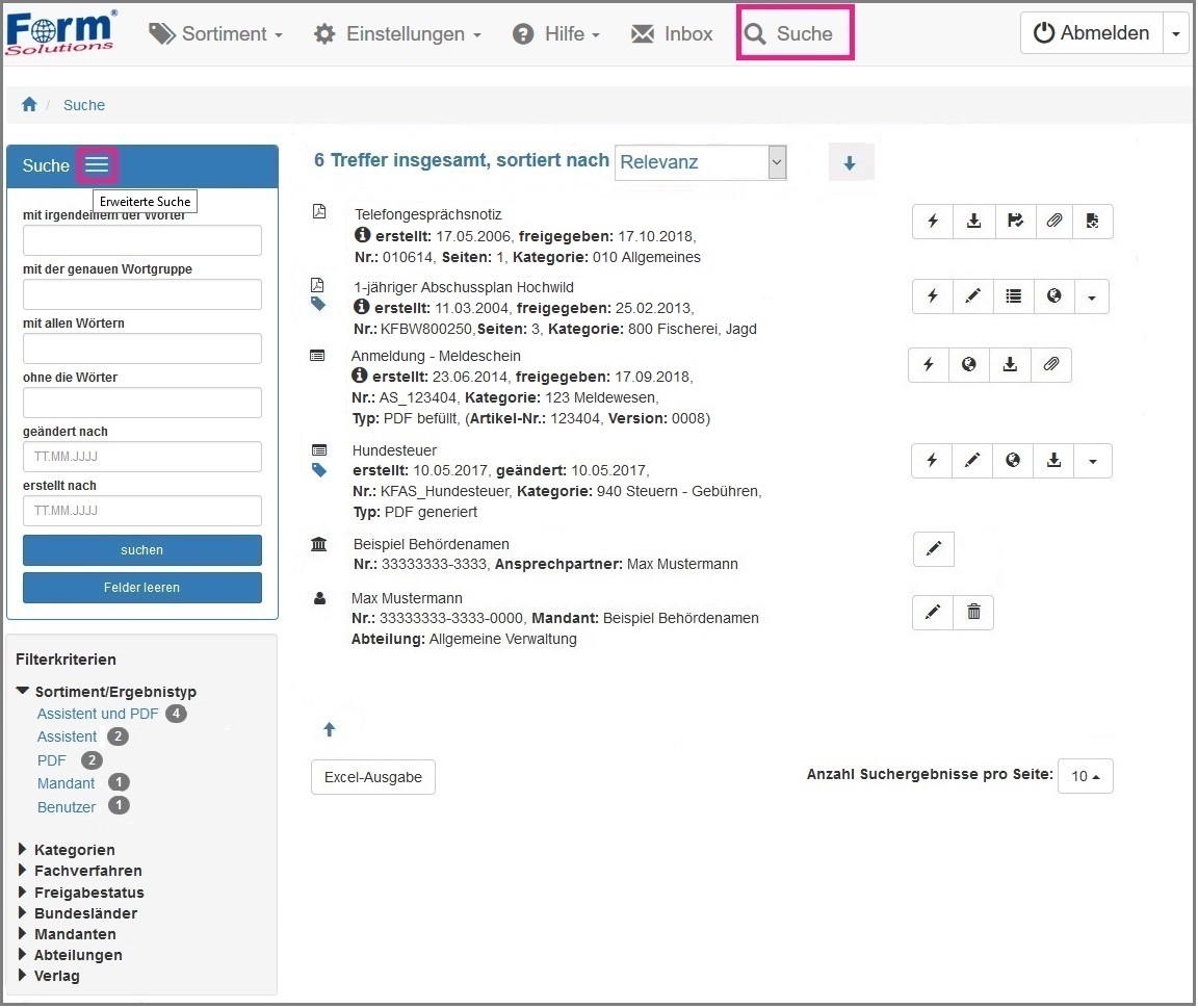 Ansicht der Detaillierten Suche