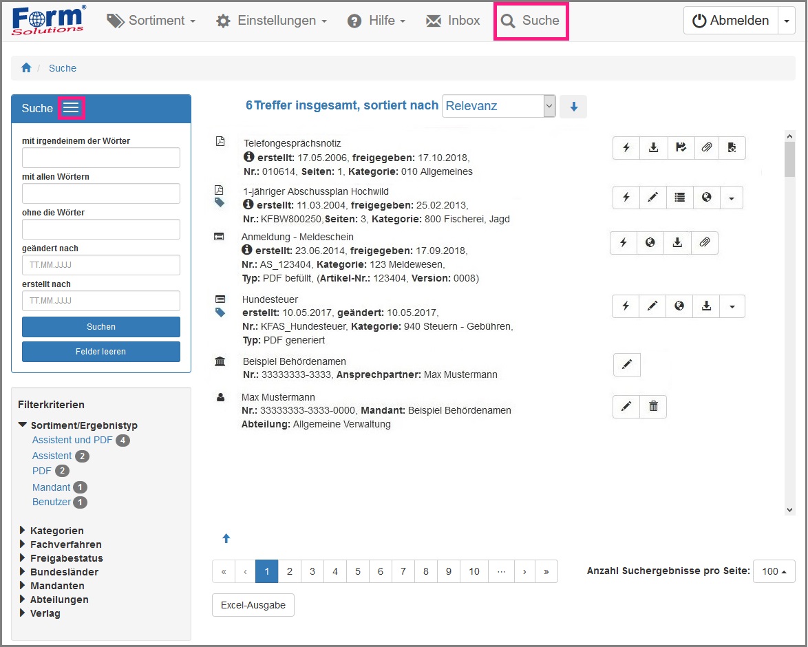 Ansicht der Detaillierten Suche