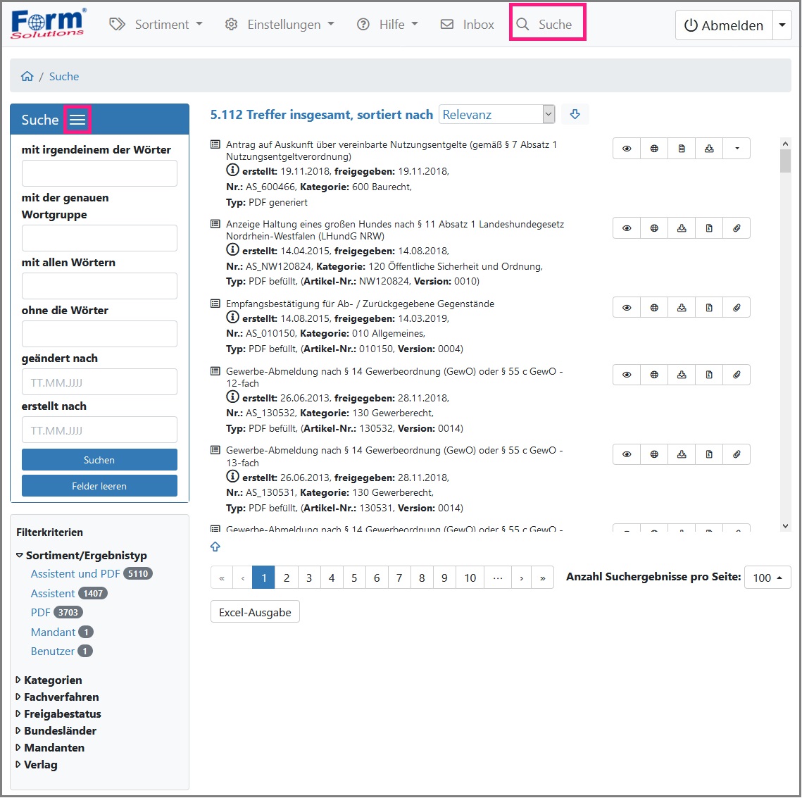 Ansicht der Detaillierten Suche