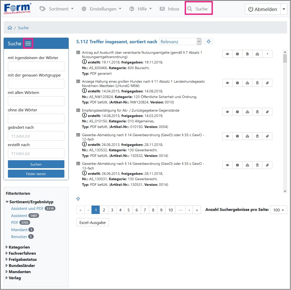 Ansicht der Detaillierten Suche
