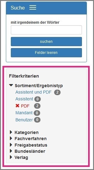 Ansicht der Filterkriterien
