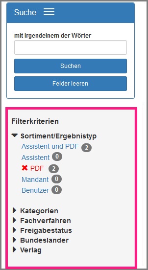 Ansicht der Filterkriterien