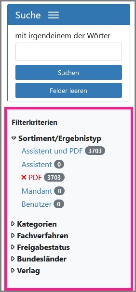 Ansicht der Filterkriterien