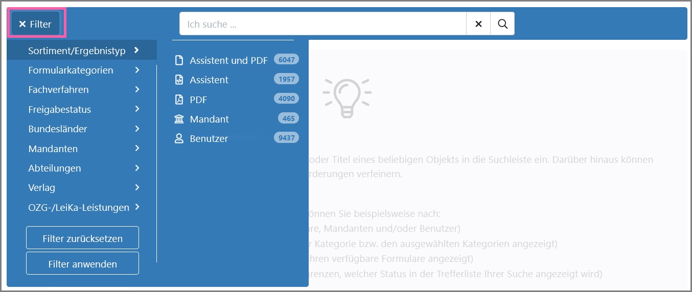 Ansicht der Filterkriterien