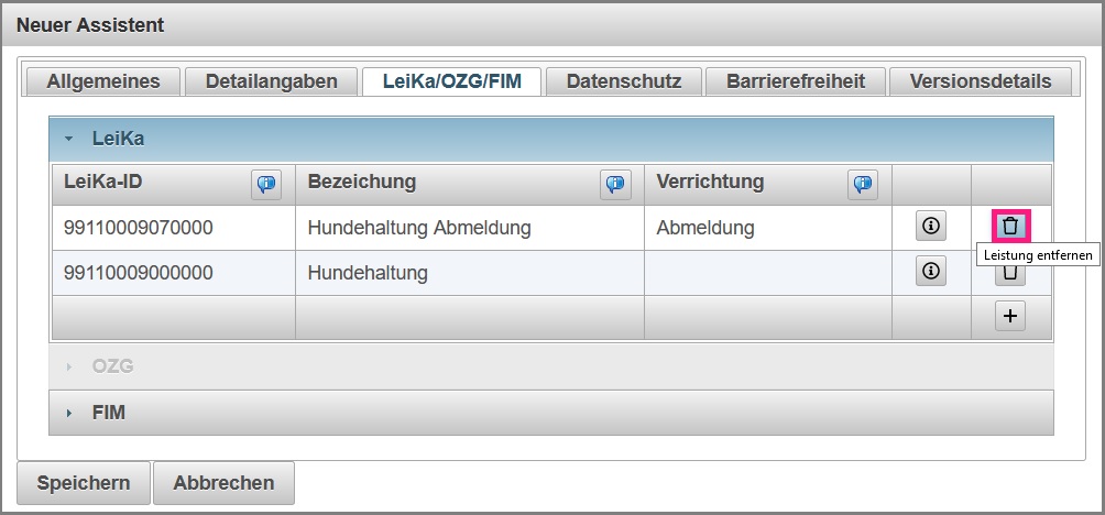 Leistungen löschen