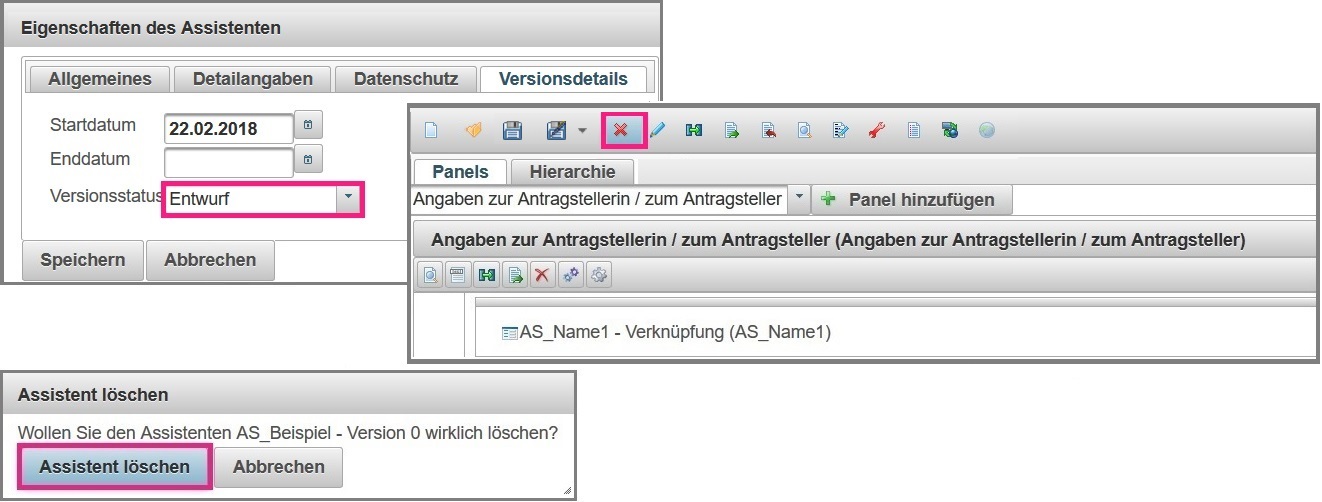 Löschvorgang eines Assistenten, der sich im Status Entwurf befindet