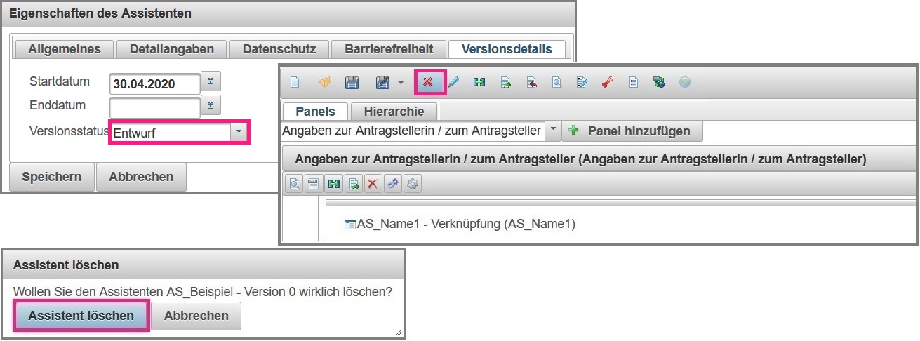 Löschvorgang eines Assistenten, der sich im Status Entwurf befindet