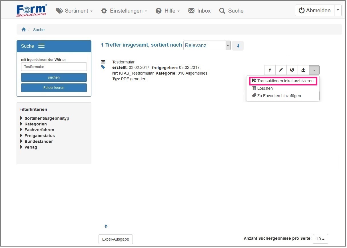 Ansicht der Schaltfläche um die Transaktionen lokal zu archivieren