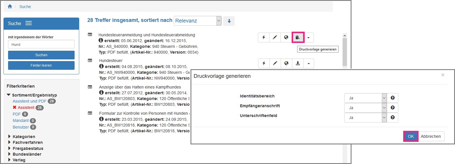Trefferliste mit der Schaltfläche „NAME DER SCHALTFLÄCHE“