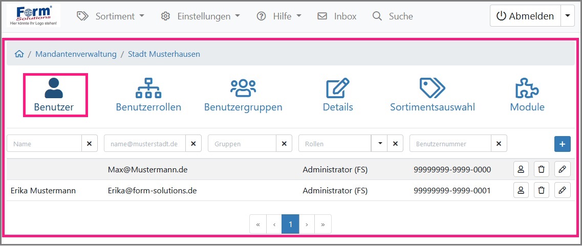 Ansicht der Benutzerübersicht