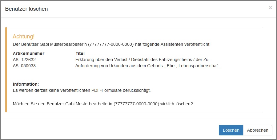 Übersicht der Veröffentlichungen beim Löschen eines Benutzers
