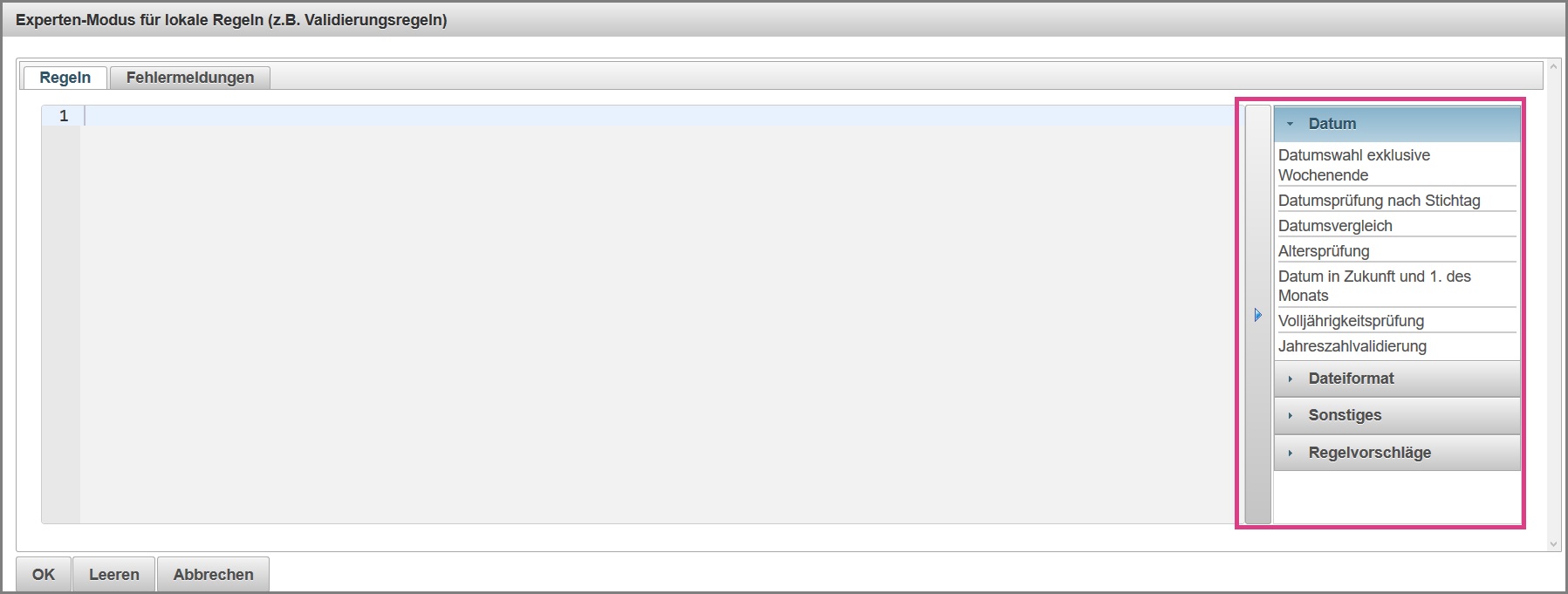 Ansicht im Expertenmodus der neuen Sidebar für die Regelvorlagen