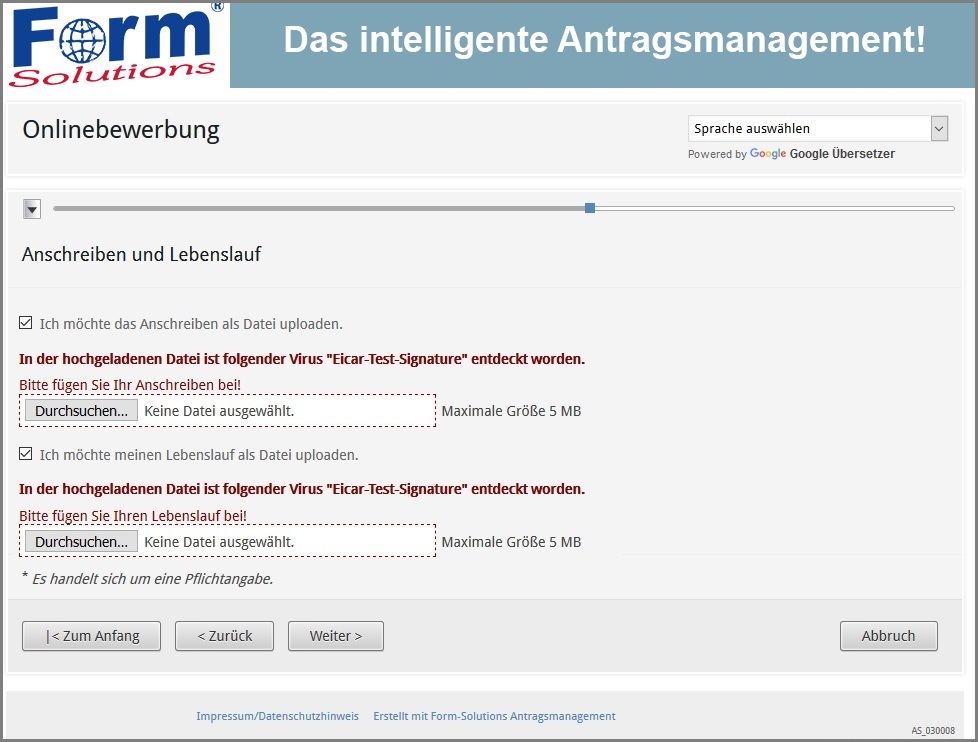 Fehlermeldung beim Upload einer Datei mit Schadsoftware